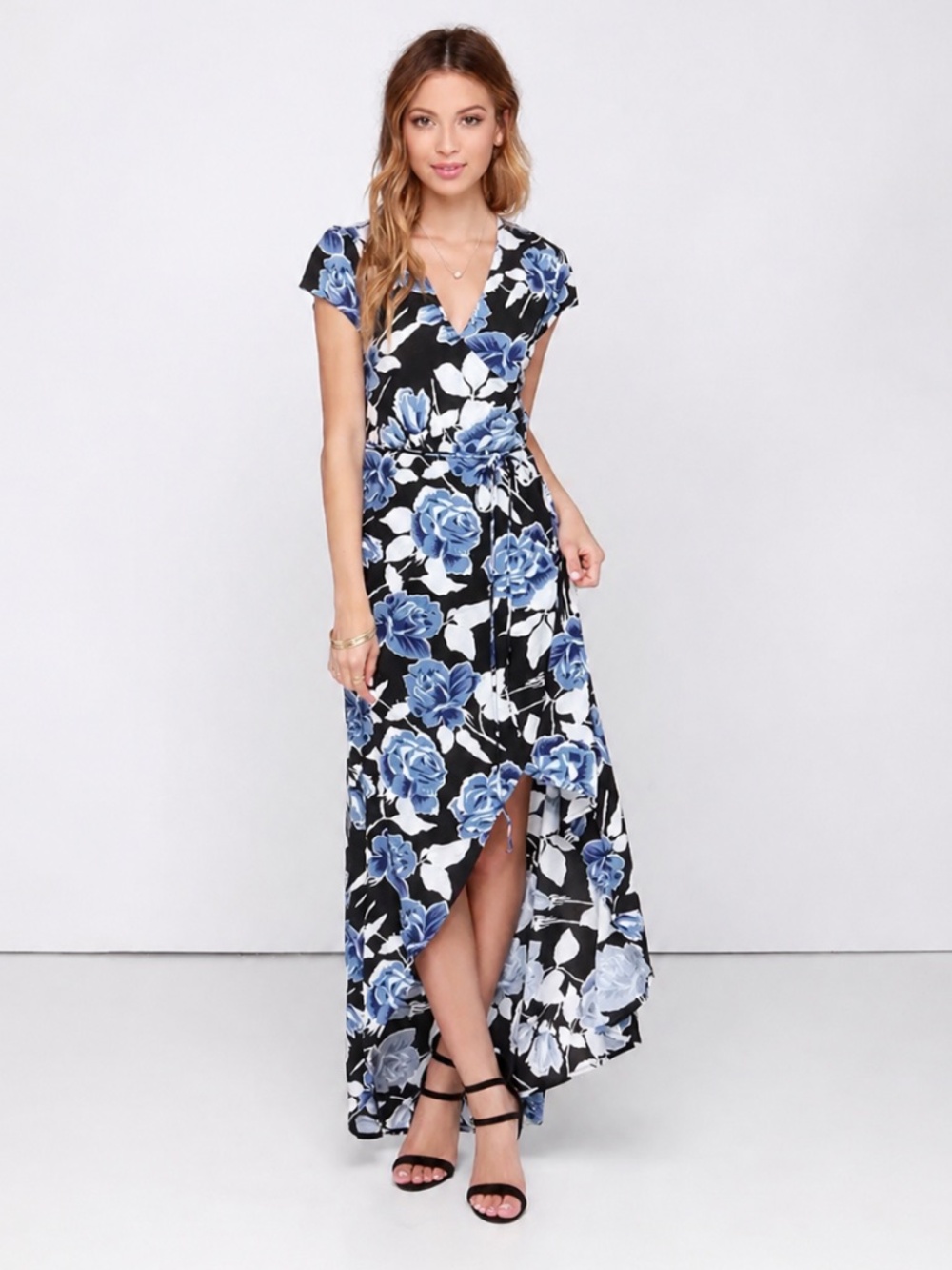 Faithfull the Brand Lulu Floral Wrap Maxi Dress Blue Black Medium